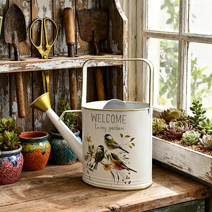 Vintage Decorative Metal Watering Can - Welcome to My Garden with Charming Bird & Floral Design, Rustic Farmhouse Watering Pot Planter for Indoor/Outdoor Plant Care