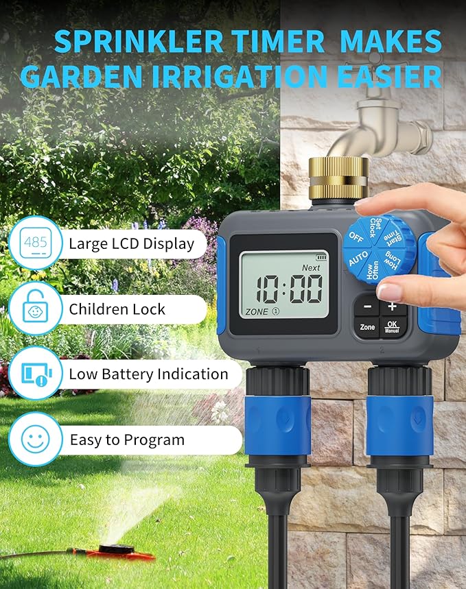 Sprinkler Timer, 2 Zone Programmable Hose Timers for Watering with Brass Swivel, Digital Irrigation Controller System with Rain Delay/Manual/Automatic Watering for Outdoor Garden Yard Lawn