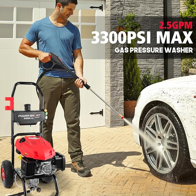 PowerSmart Gas Pressure Washer - 3300 PSI, 2.5 GPM with Onboard Soap Tank, Spray Gun & Wand, and 5 Nozzles - Perfect for Cleaning Cars, Fences, Driveways, Homes, Patios & Furniture