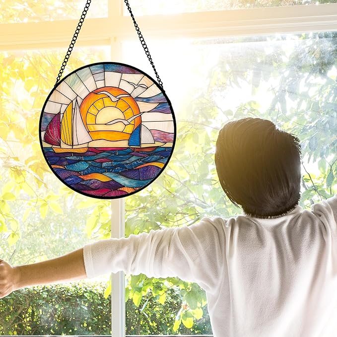 Stained Glass Window Hanging, Sailboat and Waves Suncatcher Diamond Glass Panel Hangings Sun Catchers Decor for Birthday for Women, Men, Wife, Aunt, and Mom 9.8 in