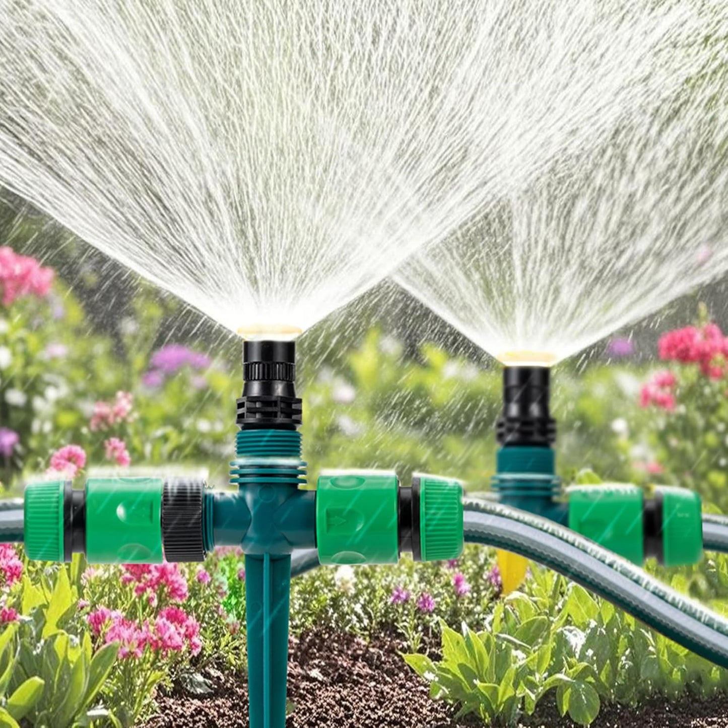 Above Ground Sprinkler System Irrigation for Garden Multi- Adjustable Lawn Sprinkler Set Ideal for Small Areas Plant and Flower Bed Watering, 50ft Green Garden Hose Included