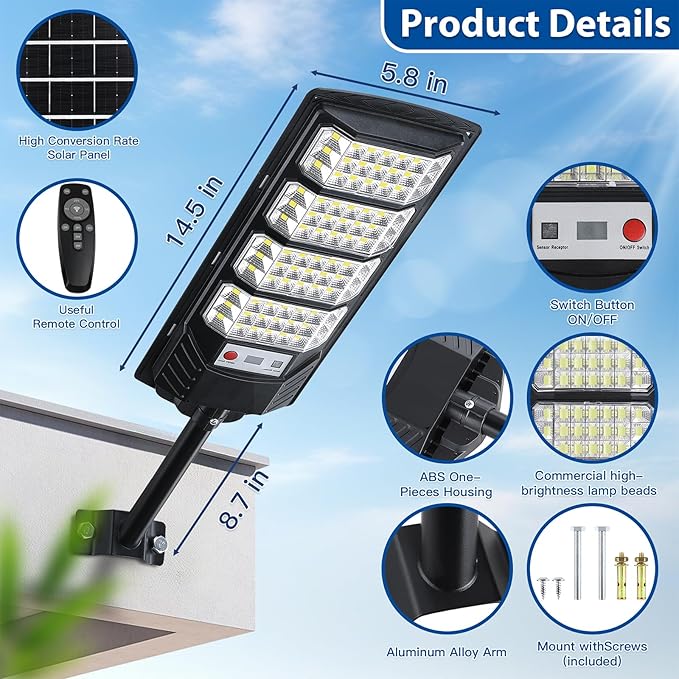 2 Pack Solar Street Lights Outdoor Waterproof,20000LM 6500K LED Motion Sensor Lights,Dusk to Dawn Solar Flood Lights with Remote,Parking Lot Light,Commercial Area Lighting for Outside