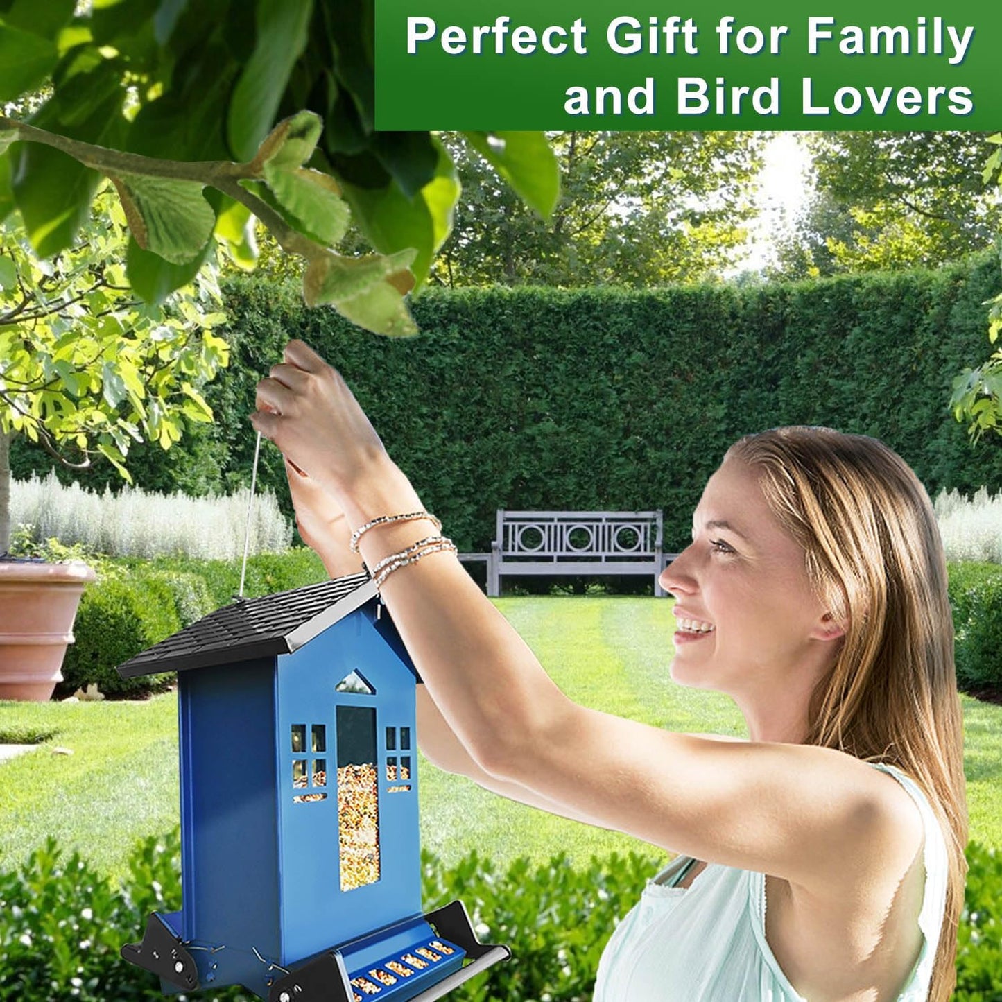 Squirrel Proof Bird Feeder for Outdoors, 6LBS Large Capacity Hanging Bird Seed Feeders for Outside, Weight-Activated Perches Metal Wild Birdfeeder for Blue Jay, Cardinal (Blue)