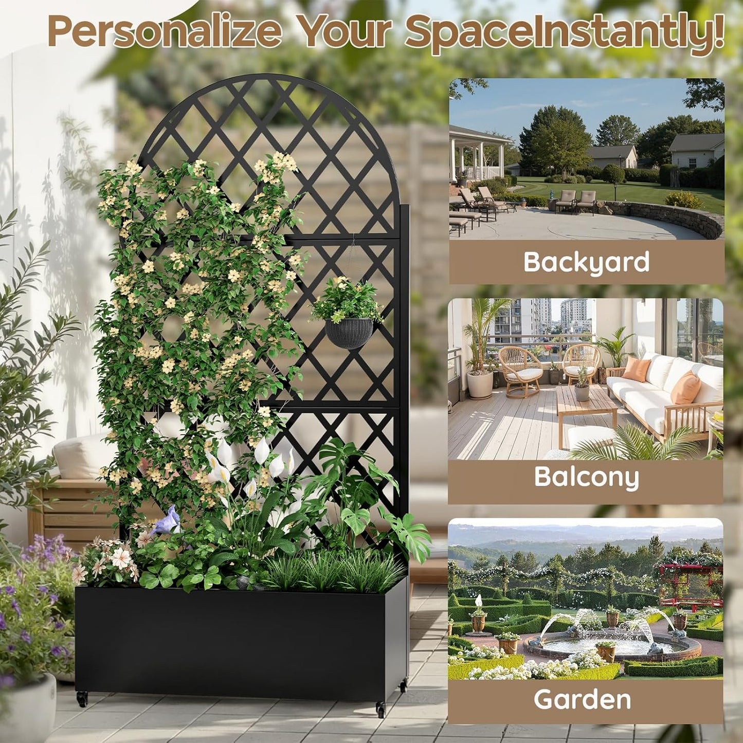 Metal Raised Garden Bed with Trellis & Wheels,72" x 35"x 15.7" Planter Box with Trellis,Privacy Planters for Patio,Garden Bed for Climbing Plants,Suitable for Climbing Plants and Vegetables,Black