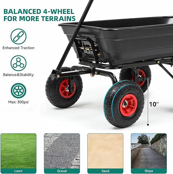 600lb Garden Dump Cart,4 Cu.Ft Utility Wagon Wheelbarrows with Quick-Release System&4 Pneumatic Tires,Heavy Duty Yard Dump Wagon with Steel Frame for Farm, Garden,Halloween Hauling(Black)
