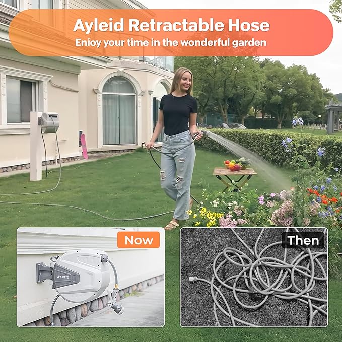 Ayleid Retractable Garden Hose Reel,1/2 in x 100 ft Wall Mounted Hose Reel, with 9- Function Sprayer Nozzle, Any Length Lock/Slow Return System/Wall Mounted/180°Swivel Bracket (Grey)