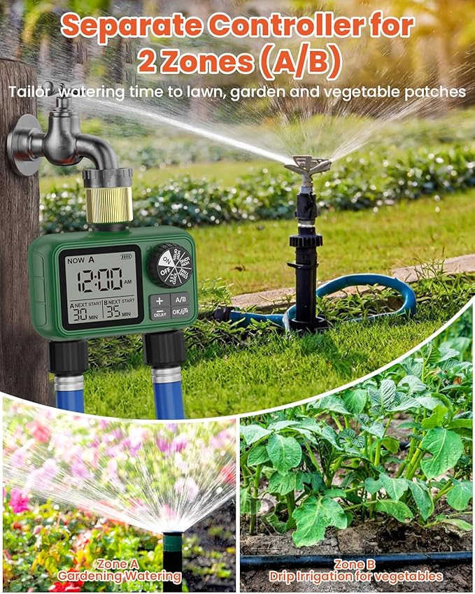 2 Outlet Sprinkler Timer Brass, XinFuture Programmable Water Sprinkler Controller for Yard, Lawn & Greenhouse, Automatic/Manual/Rain Delay Mode, Compatible with Drip Irrigation Systems