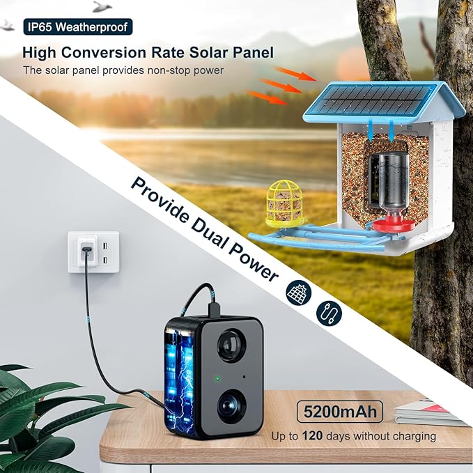 Bird Feeder with Camera-2K HD & Full Color Night Vision, Free AI Forever for 1,1000+ Species Identification, Solar Powered Wireless Outdoor, Includes 64GB TF Card, Two-Way Audio, App Alerts