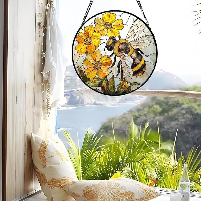 Stained Glass Window Hanging - Yellow Bees Gathering Flowers Sun Catcher for Door Garden Home Decor Cute Suncatcher Christmas Mother's Day Birthday Gifts for Women Men Mom Nana 6.3 in