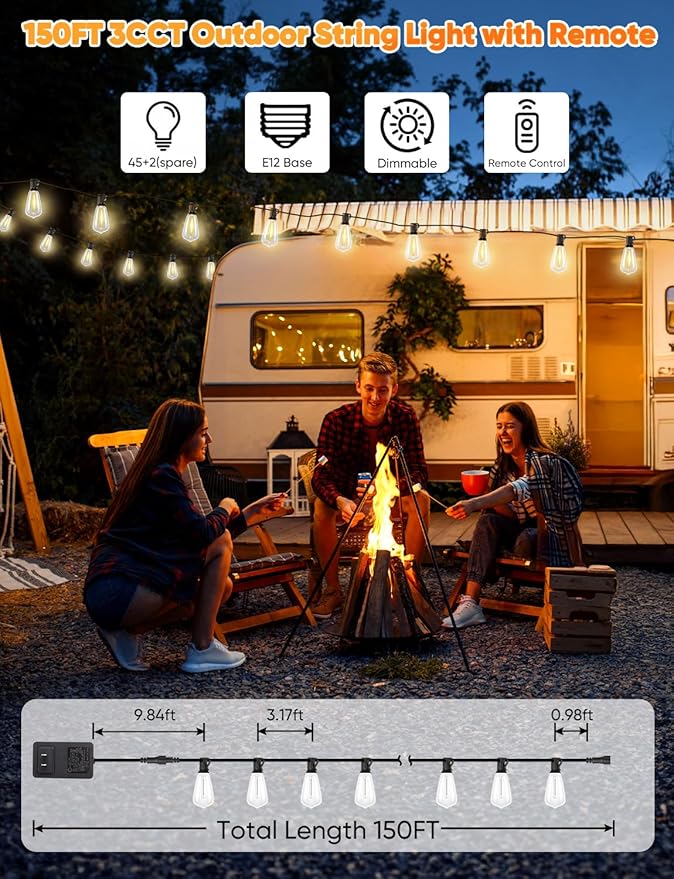 Brightever 3 Color in 1 Outdoor String Lights with Remote, 150FT LED String Lights for Outside with 47 ST38 Vintage LED Bulbs, Waterproof IP65 Outdoor Light for Patio, Bistro, 2700K/4000K/5000K
