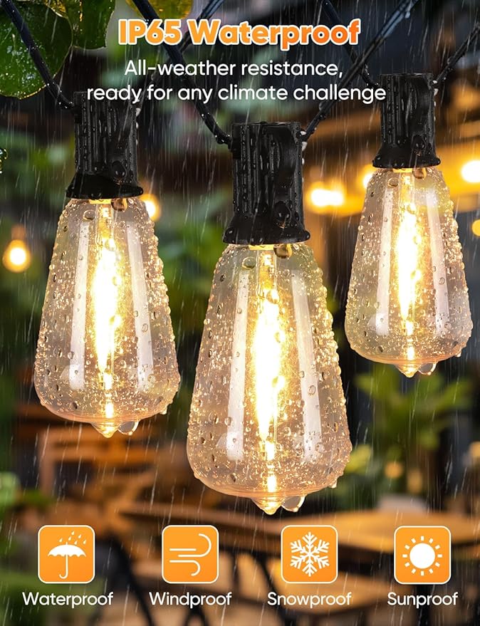 Brightever 180FT LED Outdoor String Lights, Dimmable Patio Lights with Remote Control, 56 Shatterproof ST38 Edison Bulbs, 3 Lighting Modes, 3H/5H Timer, Outdoor Hanging Light for Pool,Fence, Garden