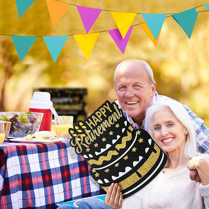 Yulejo 8 Pieces Retirement Yard Sign Decorations Happy Retirement Yard Signs Retirement Lawn Sign with Stakes for Outdoor Retirement Party Supplies 16inch (Black and Gold)