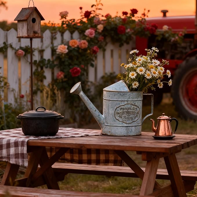 Vintage Metal Flower & Garden Watering Can, Rustic Farmhouse Decorative Watering Pot Planter for Home Patio Backyard Outdoor Plant Care
