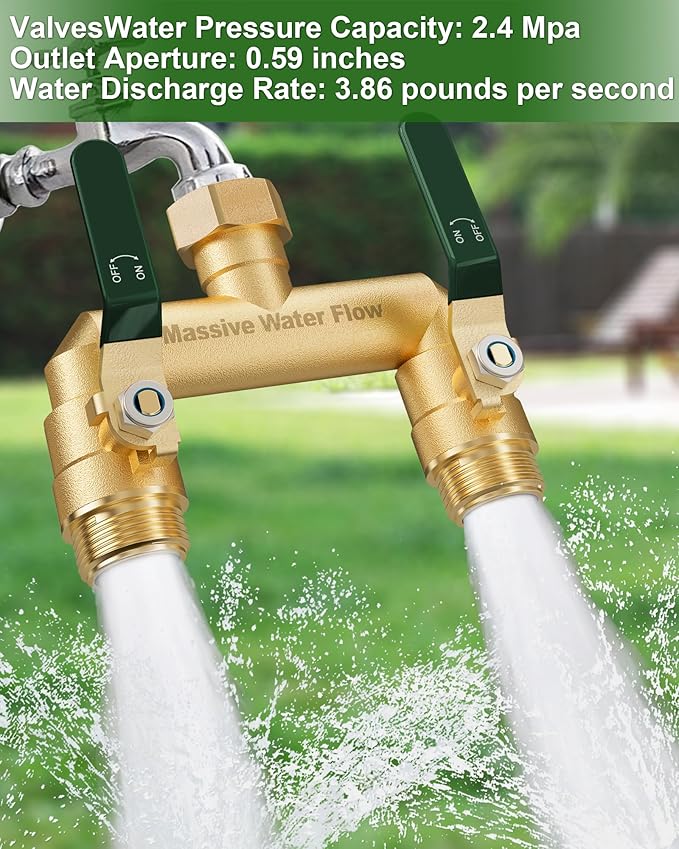 Hose Splitter 2 Way Heavy Duty, Full Flow Garden Hose Splitter with 2 Long Metal Handles, Brass Rust and Freeze Resistant Water Hose Bib Splitter, T Adapter Connector with 3/4 - Inch GHT Thread(Green)