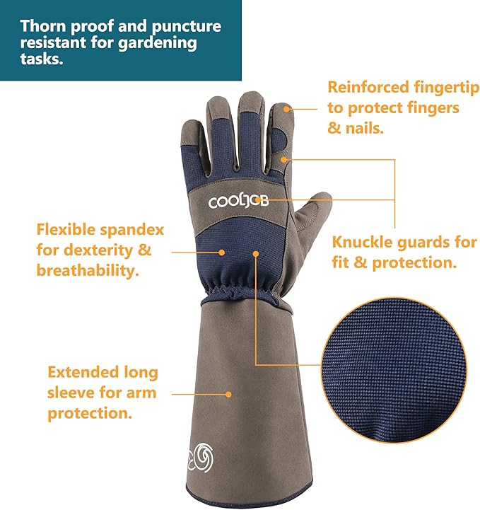 COOLJOB Thorn Proof Rose Pruning Garden Gloves for Men, Long Sleeve Padded Yard Work for Bush, Blackberry, Cactus, Heavy Duty/Puncture Resistant/Machine Washable, Medium, Navy