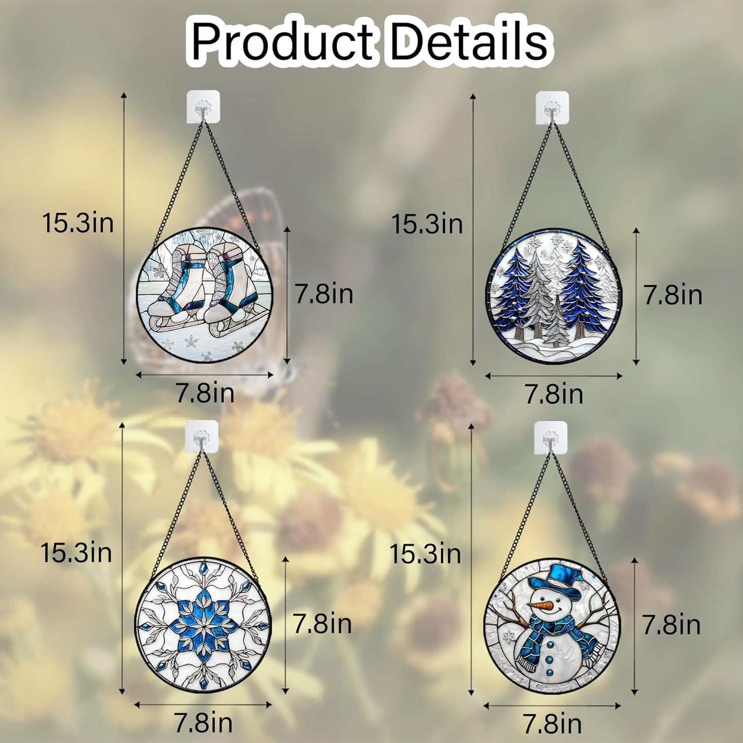 Stained Glass Window Hanging 4 Pcs Set White Winter Christmas Snow Scene 7.8" - Suncatcher Door Garden Sun Catcher Decor Birthday for Mom Woman Nana Men Friend Wife