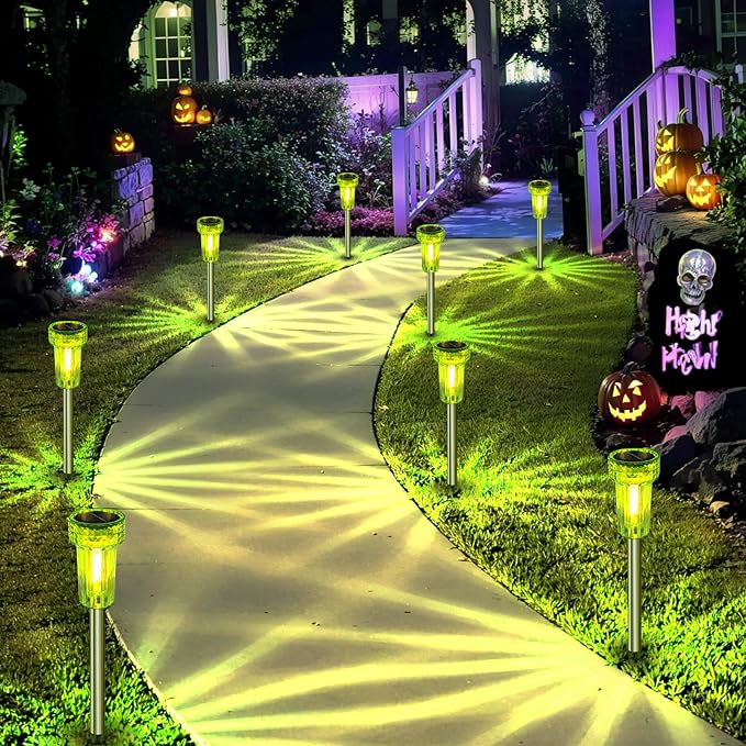 DERAYSION Halloween Decorations Outdoor Solar Lights Pathway LED Green Waterproof Halloween Solar Lights Acrylic Lamp Auto Dusk-to-Dawn for Yard, Path, Garden, Walkway, Landscape 8 Pack