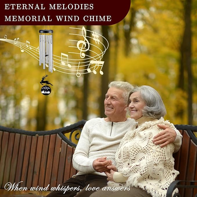 Wind Chimes for Outside, 32" Memorial Wind Chimes for Loss of Loved One Mother Father, Memorial Sympathy Gift Outdoor Garden Patio Decor, Deer Xmas Decorations (Silver)