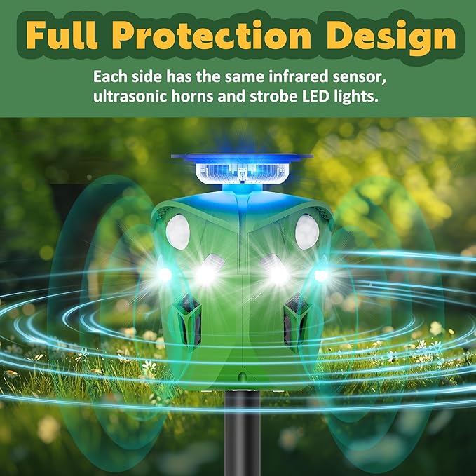 Ultrasonic Solar Powered Deer Repellent Device with PIR Motion Sensor 360° Animal Repellent Equipped with Dual Charging Methods Outdoor Protection for Gardens, Yards, and Farms