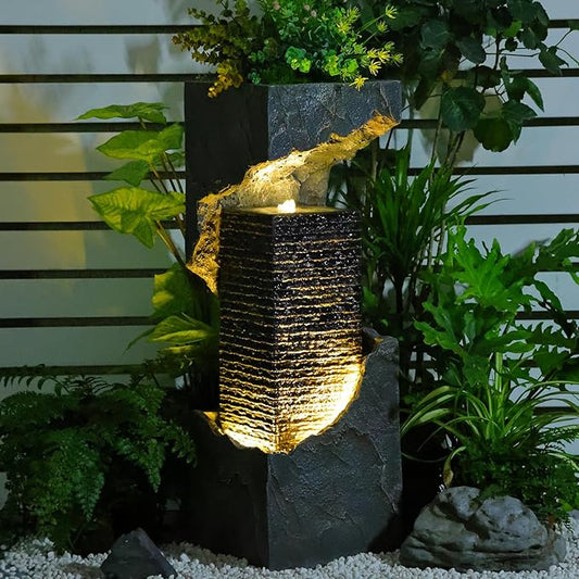 35.4" H Water Fall Fountains Indoor Waterfall Fountain Outdoor with LED Lights Floor-Standing for Outside Garden, Patio, Backyard, Deck Decor, Pool, Porch, Landscaping, Balconies