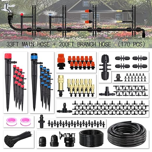 Drip Irrigation Kit, MUCIAKIE 233FT Irrigation System, Automatic Patio Misting Plant Garden Watering System with 1/4 inch 1/2 inch Black Distribution Tubing Hose Adjustable Nozzle Emitters Sprinkler