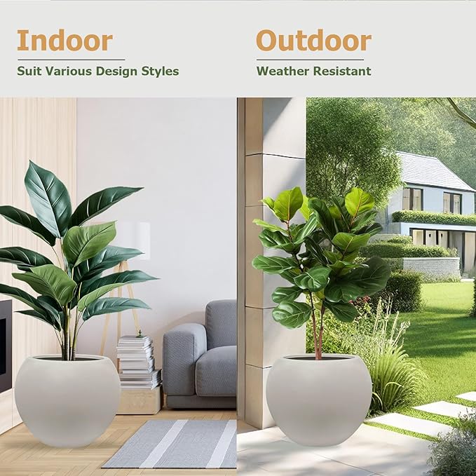 16" H x 20" D Globo Fiberstone Round Planter with Drainage Hole, Weather Resistant, Smooth Finish, Planters for Indoor Plants & Outdoor, 2 Extra Coco Mats (Taupe, 13.5" Pot Opening)