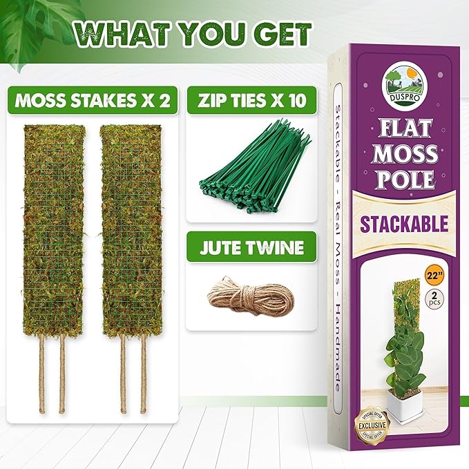 DUSPRO Flat Mesh Moss Poles for Climbing Plants Monstera Stackable Moss Pole for Plants with Real Moss Moss Plant Pole for Potted Plants Handmade Moss Stick for Indoor Plants Grow Upward 2 Pack 22β