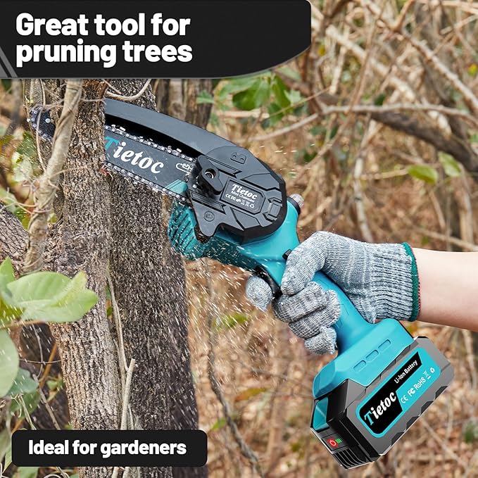Tietoc Mini Chainsaw 8 inch Cordless with 2x 4000mAh Batteries, Battery Powerd Chain saw with Oiler, Lightweight Handheld Saw for Household & Garden, Gifts for Men, Dad, Husband, Gardener and DIYer