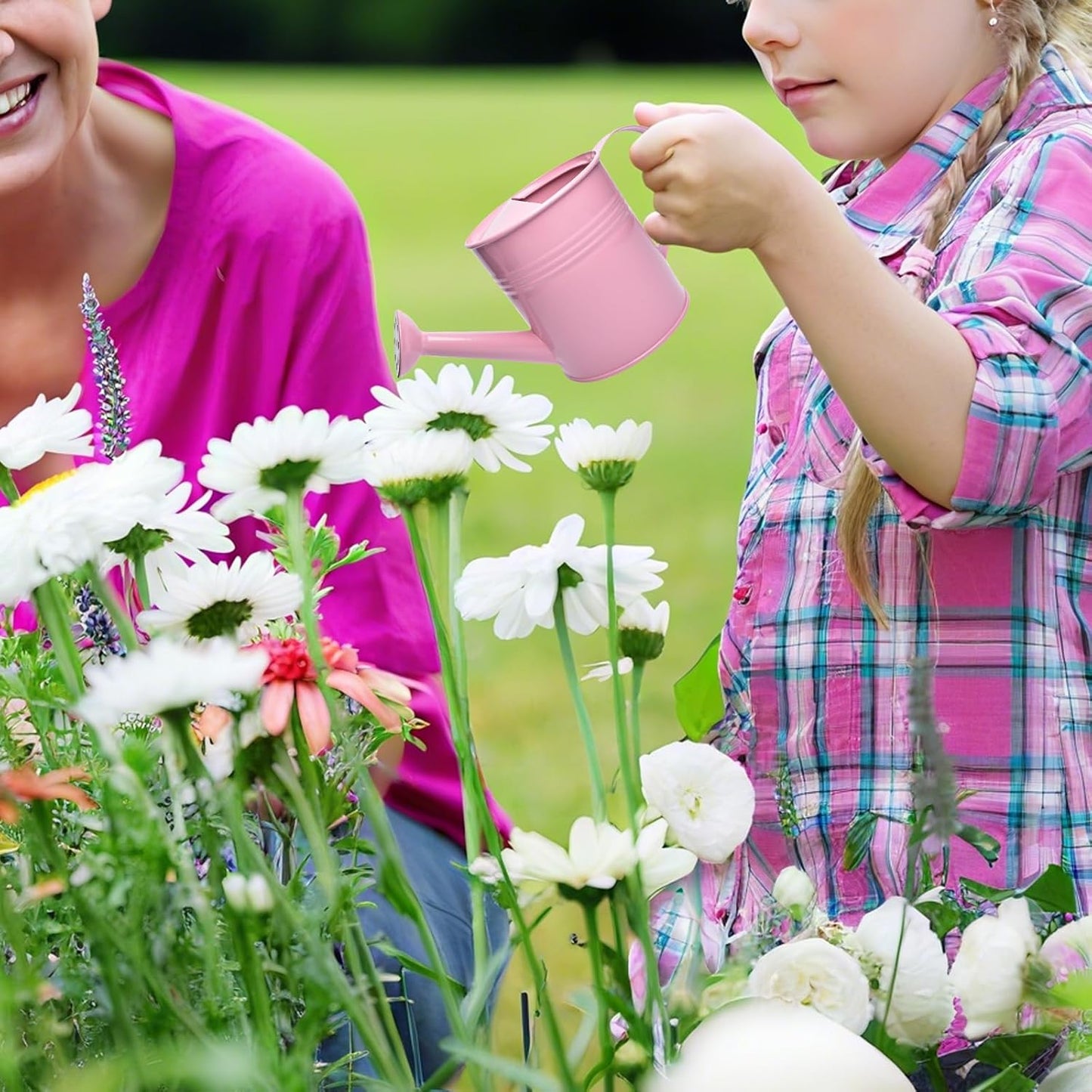 Small Metal Watering Can Set, Pink, 1.2L and 0.23L Garden Cans with Long Spout, Indoor Outdoor Plant Care (Pink)