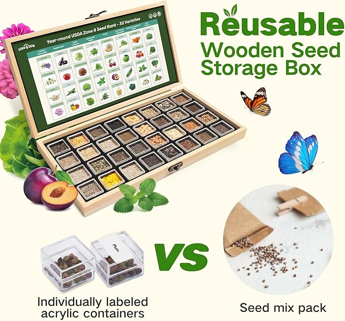 USDA Zone 8 Heirloom Seed Bank, 30,000+ Non-GMO 32 Varieties of Seeds for Planting Vegetables, Survival Seed Kit for Raised Garden Bed, Greenhouse, Gardening Gifts for Women Men
