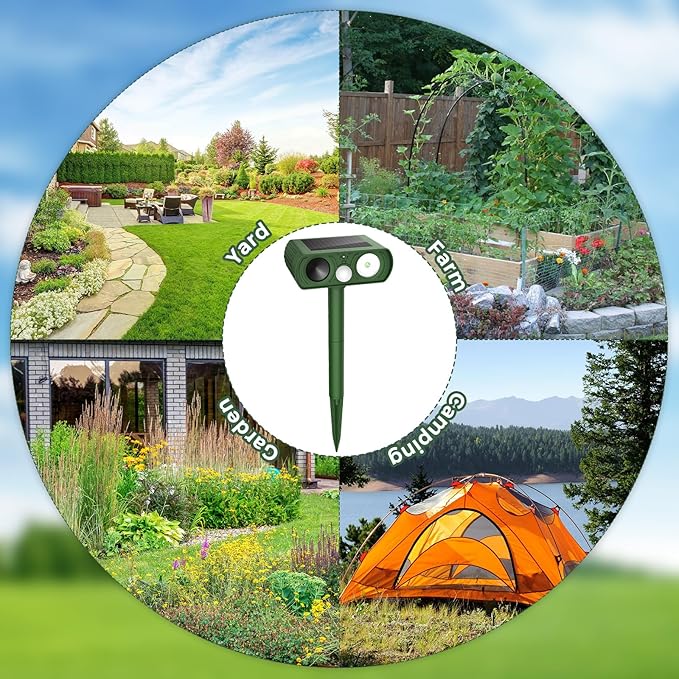 2PACK Solar Ultrasonic Animal Repellent Outdoor, Deer Repellent Devices Squirrel Cat Raccoon Rabbit Dog Deterrent, Keep Rodent Chipmunk Away Motion Detection with Flash Light for Yard Garden Lawn