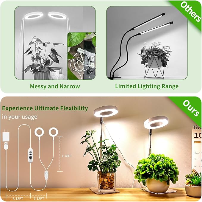 Brightown Plant Grow Light, LED Growing Light for Indoor Plants, 2 Head 96 LED Adjustable Height Growing Lamp with Timer, 3 Dimmable Brightness Levels, Low Safe Voltage, Perfect for Small Plants