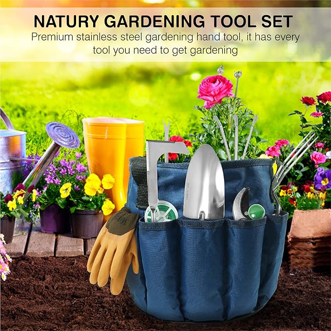 Garden Tools Set โ Premium Stainless Steel Gardening Hand Tools with Solid Beechwood Handle โ Gardening Kit with Rake, Shovel, Gloves, Shears, Tool Organizer โ Garden Gifts for Women and Men