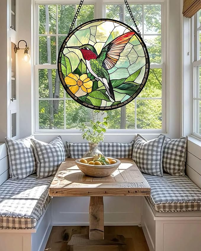 Stained Glass Window Hanging, Green Hummingbird Sun Catcher for Door Home Decor, Birds Suncatcher Christmas Mother's Day Birthday Gifts for Bird Lovers Women Men Mom and Nana 15 in