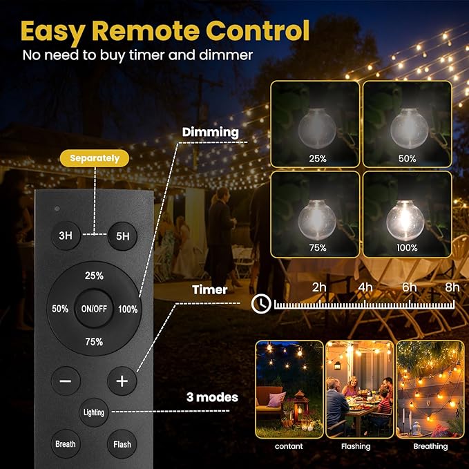 300FT Solar String Lights Outdoor Waterproof with Remote,G40 Solar Powered String Lights with 60+3 LED Shatterproof Bulbs, Dimmable Solar Patio Hanging Lights for Outside Backyard Party