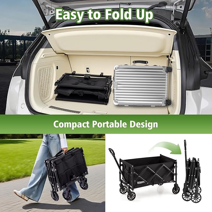 Collapsible Heavy-Duty Wagon Cart with PVC Wheels, Portable Folding Outdoor Utility Wagon for Sports, Garden, Grocery Shopping,Camping, Transportation,Hauling (120L)