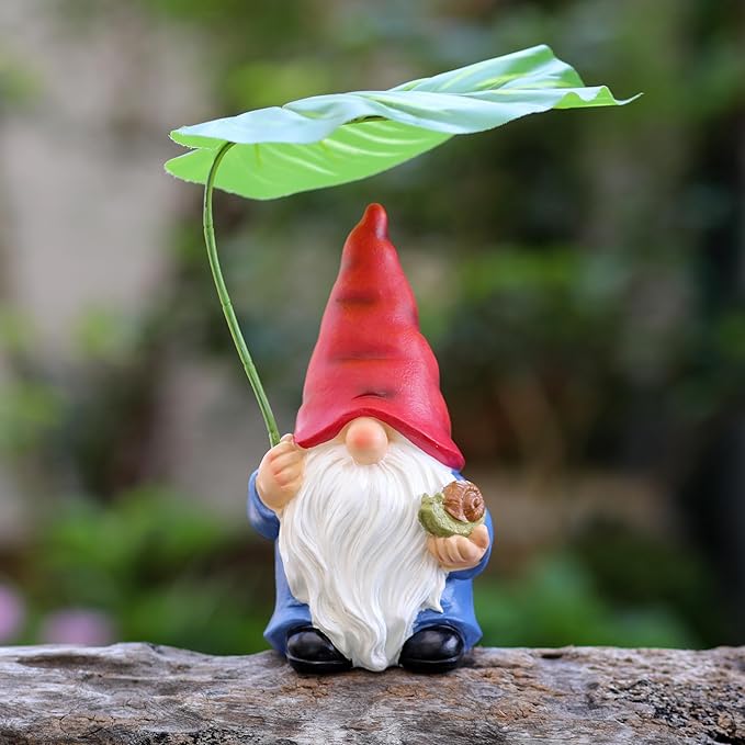 Garden Gnome Statue Decoration with Leaf Umbrella, 7.5” Figurine Ornament for Indoor Outdoor Home Patio Yard Lawn, for Gnome Lovers & Garden Enthusiasts,Mom,Women