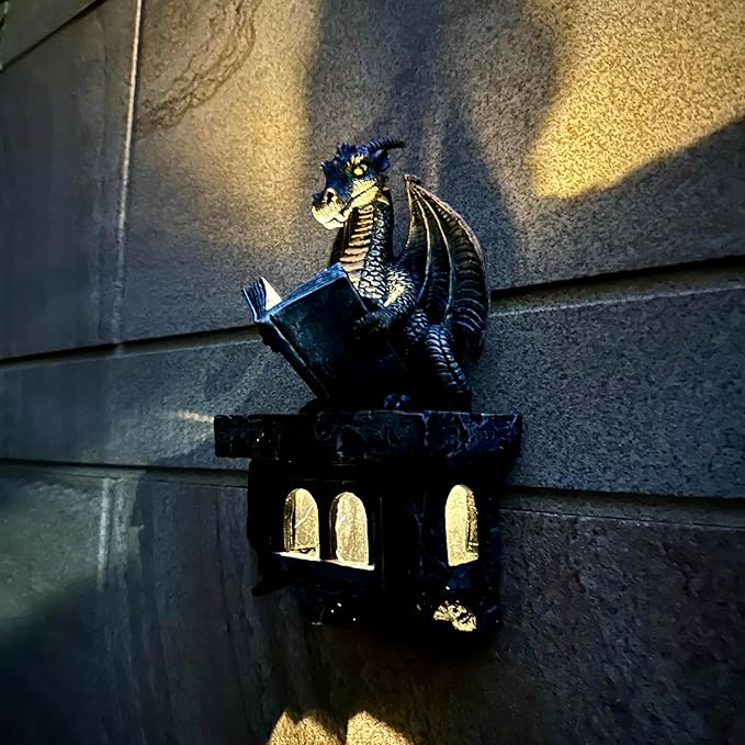 Garden Dragon Statue Tree Hugger Solar Powered Outdoor Figurine Wall Hanging Decor Cute and Reading Magic Book Resin Sculpture Home Decoration Porch Patio Lawn Farm Yard Housewarming Ornament Gift