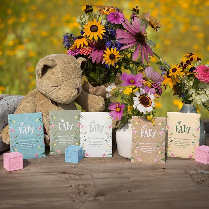 BENTLEY SEED CO. Oh Baby Flower Seeds Packets - Girl/Boy Baby Shower Favors - Pre-Filled, 25 Wildflower Seed Packs for Favor - Eco-Friendly Gift & Babys Guest Giveaways - Non-GMO Seeds - Brown