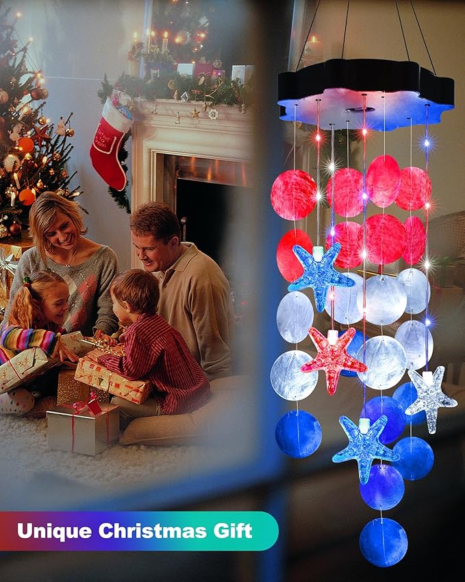 Toodour Solar Decorative Lights Outdoor, Red White Blue Shells Wind Chimes for Garden Porch Yard Window Decor, Gifts for Mom Grandma Women Wife Girls