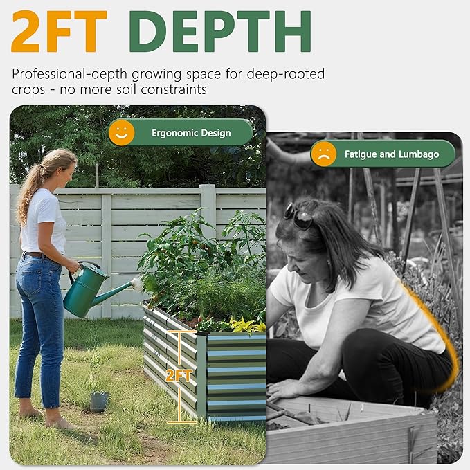 FOOWIN 2pcs 8x4x2ft Galvanized Raised Garden Bed, Planter Raised Garden Boxes Outdoor, Large Metal Raised Beds for Gardening, Garden Bed for Vegetables, Flowers, Herb,478 Gallon Capacity, Silver