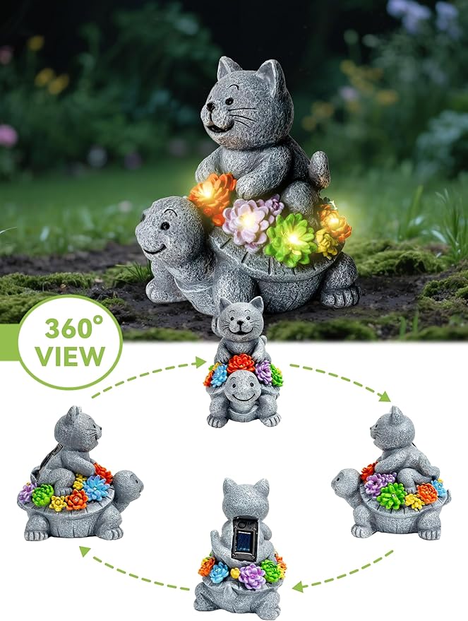 Solar Garden Outdoor Statues Decor, with Cat Turtle Succulent Garden Decor for Home House, Yard Art Lawn, Ornaments, Porch Patio, Balcony - Birthday Gifts for Grandma Mom Women