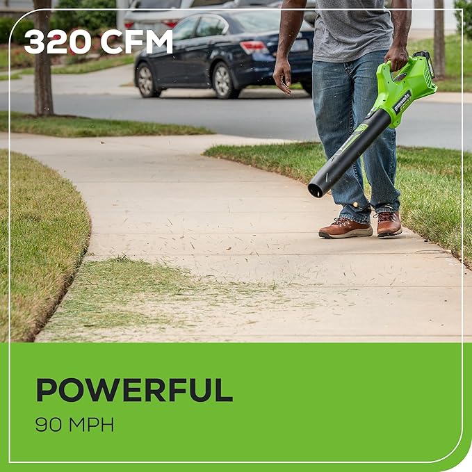 Greenworks 24V (90 MPH / 320 CFM / 150+ Compatible Tools) Cordless Axial Leaf Blower, 2.0Ah Battery and Charger Included