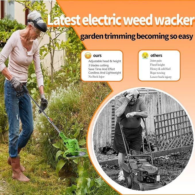 21V String Trimmer Cordless Battery Powered Weed Wacker, 2 X 2.0Ah Battery and a Charger, Brush Cutter Lawn Mower Edger Lawn Tool for Garden and Yard