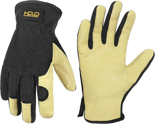 HANDLANDY Men Leather Gardening Gloves, Utility Work Gloves for Mechanics, Construction, Driver