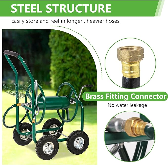 FDW Garden Hose Reel Cart, Water Hose Cart with 4 Wheels, Hold Up to 300 ft of 5/8’’ Hose,Heavy Duty Powder-Coated Steel Planting with Storage Basket, for Garden, Yard and Lawn