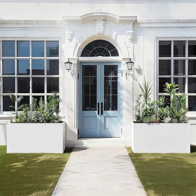 Galvanized Steel Garden Planter 36” x 12” x 16” White Metal Planter Box Modern Metallic Heavy Planter Indoor & Outdoor, Commercial & Residential (White, L36 x W12 x D16)