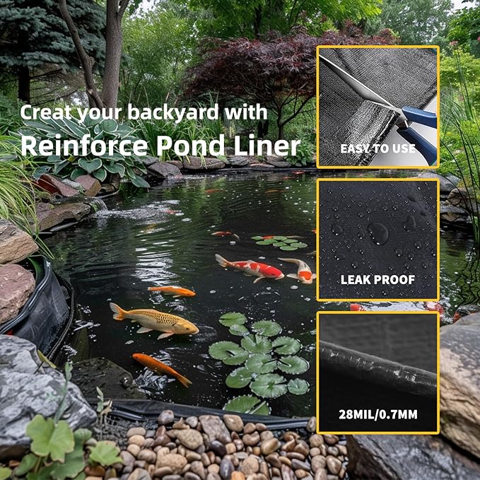 TEZONG Pond Liner,8x10Ft Pond Liners for Outdoor,28Mil PE Black Koi Fish Pond Liner,Reinforced Pond Underlayment for Water Garden,Waterfall,Fountain