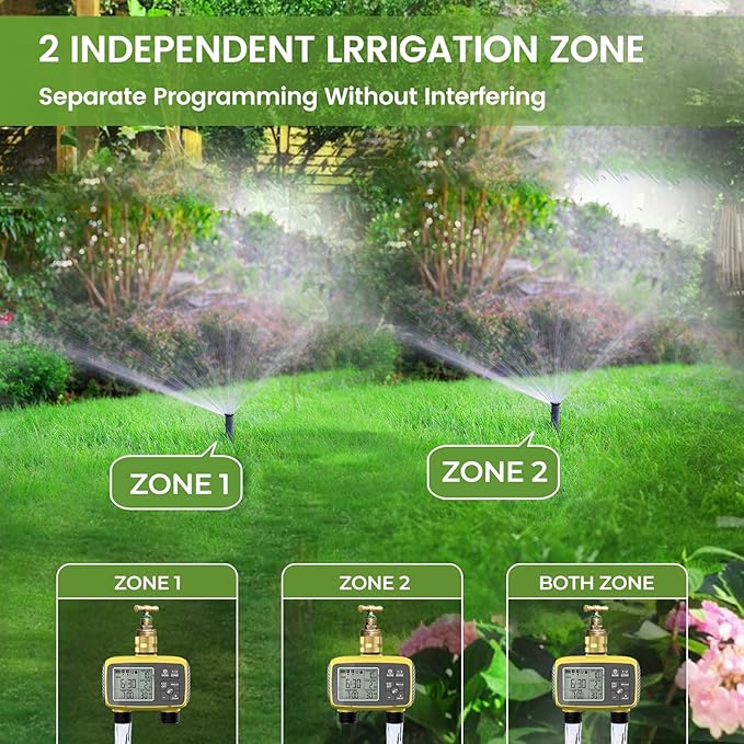Programmable 2-Zone Smart Sprinkler Timer - Outdoor Automatic Irrigation Water Timer with Rain Delay & Waterproof Brass Swivel for Lawn, Garden, Pool (Yellow)