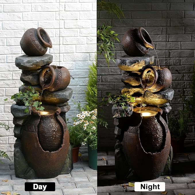 Outdoor Garden Water Fountain for Garden, Patio, Backyard, Deck, Porch and Home Art Decor, 3 Tiers Modern Cascading Outdoor Fountain with Lights 38.4" H